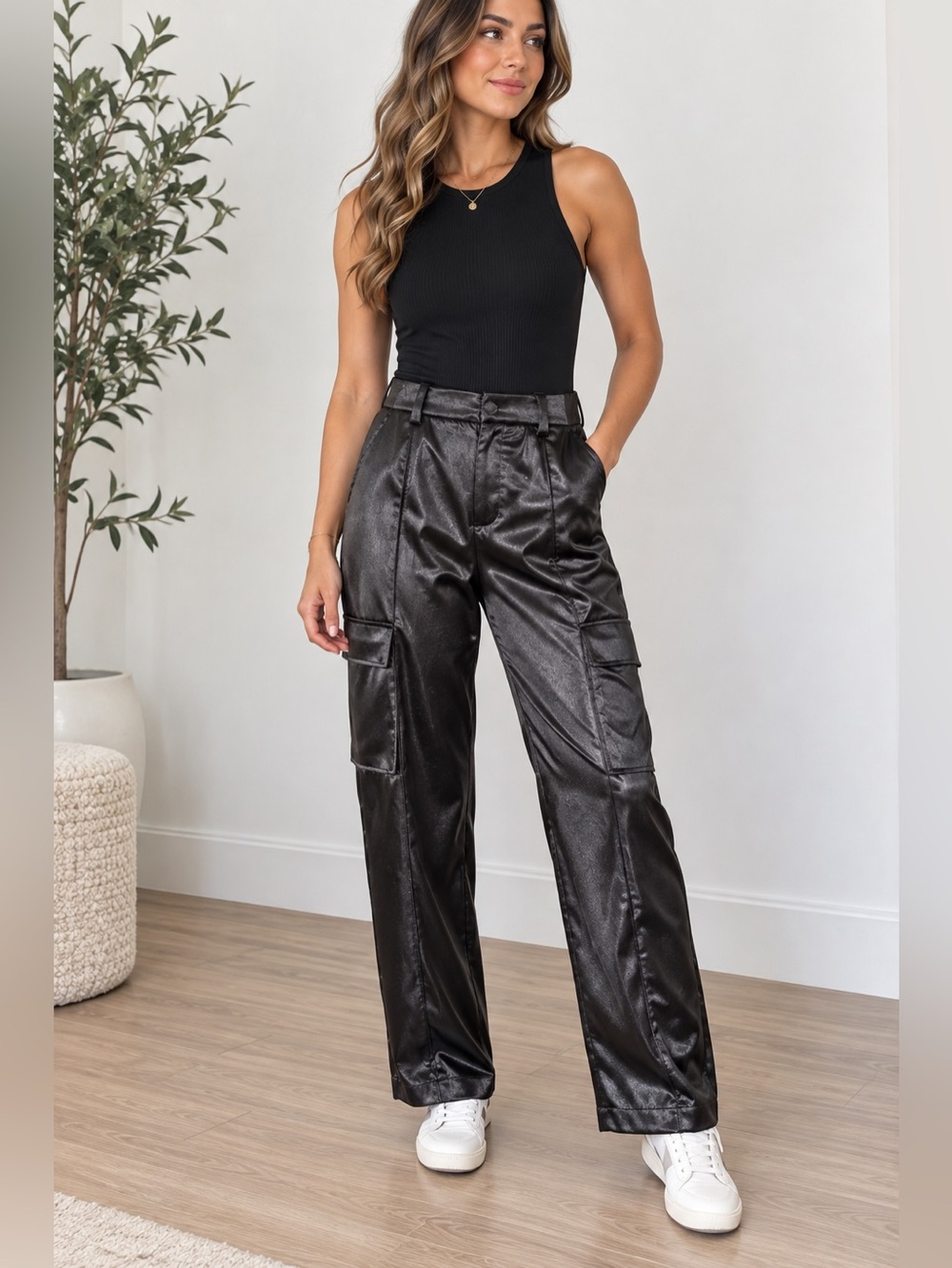 EVERY Women’s Small Black Satin Cargo Pants High Rise Wide Leg Utility